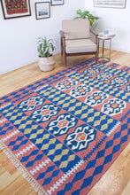 Load image into Gallery viewer, 6x9 Vintage Western Anatolian Turkish Flatwoven Kilim Area Rug Bold Repeating Symmetrical Tribal Symbols Natural Colors  | SKU 587
