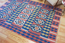 Load image into Gallery viewer, 6x9 Vintage Western Anatolian Turkish Flatwoven Kilim Area Rug Bold Repeating Symmetrical Tribal Symbols Natural Colors  | SKU 587
