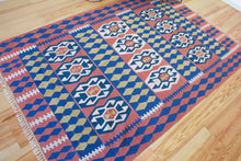 Load image into Gallery viewer, 6x9 Vintage Western Anatolian Turkish Flatwoven Kilim Area Rug Bold Repeating Symmetrical Tribal Symbols Natural Colors  | SKU 587

