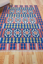Load image into Gallery viewer, 6x9 Vintage Western Anatolian Turkish Flatwoven Kilim Area Rug Bold Repeating Symmetrical Tribal Symbols Natural Colors  | SKU 587
