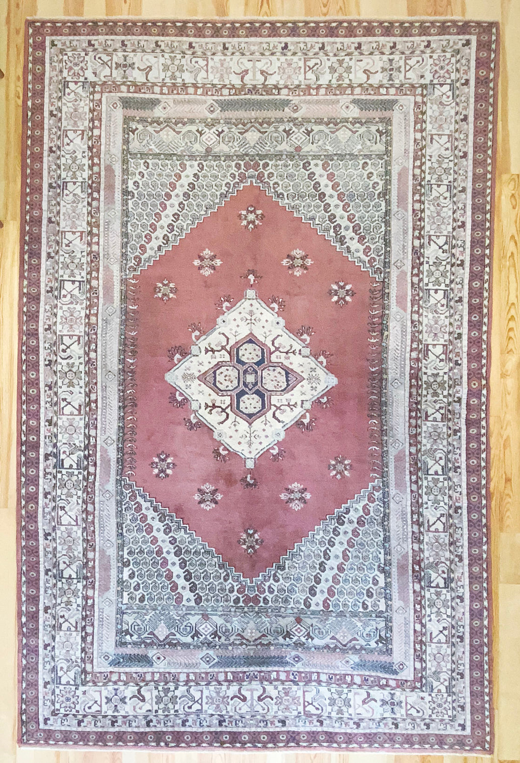 7x11 Vintage Western Anatolian 'Kula' Turkish Area Rug | Diamond Medallion Spacious Field Symmetrical Geometric Design Soft Colors | SKU 589