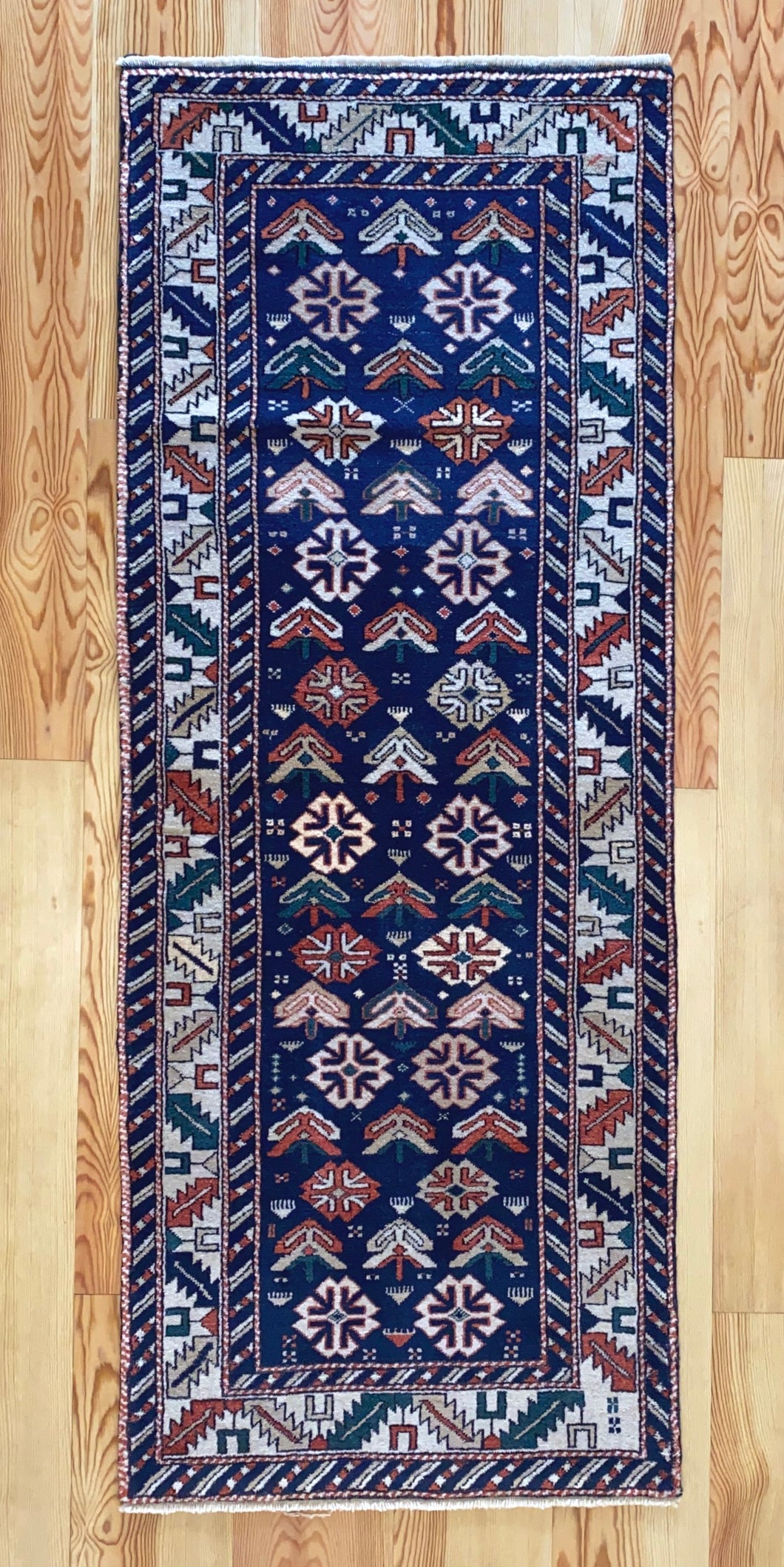 3x8 Vintage Central Anatolian Caucasian 'Shirvan' Style Turkish Runner Symmetrical Geometric Design Bold Colors | SKU 593