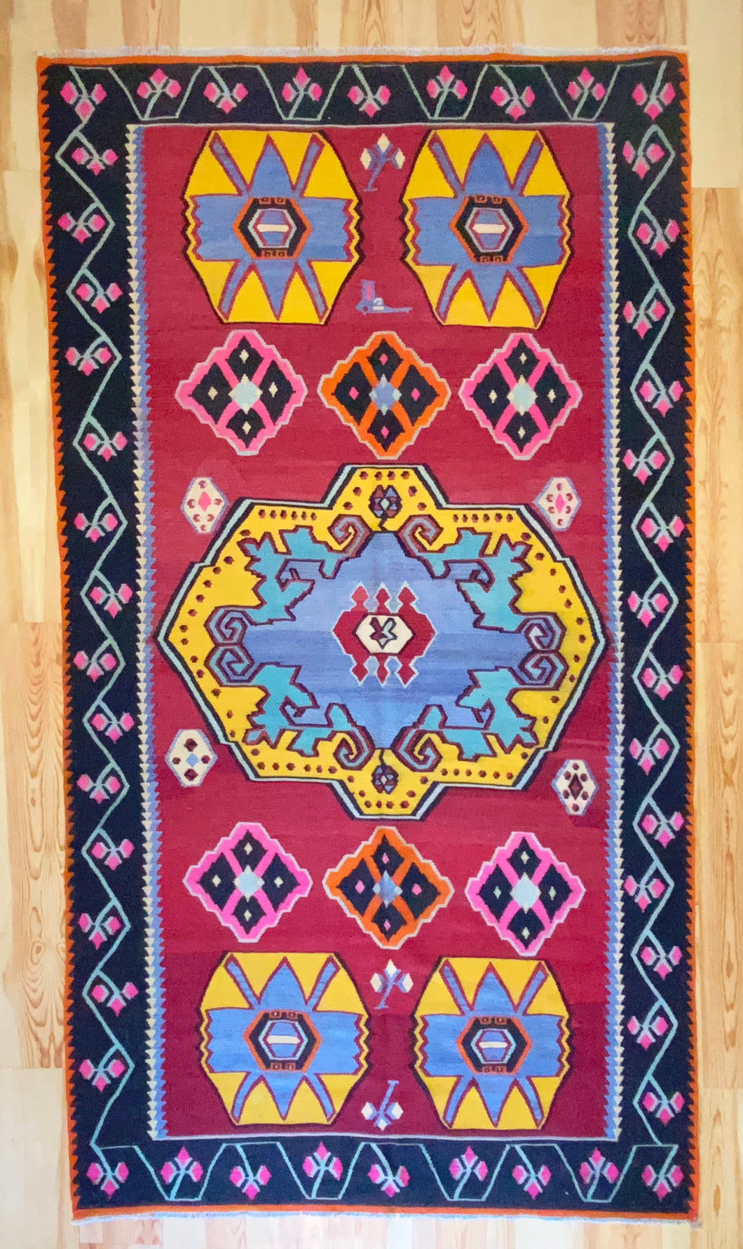 6x12 Vintage Eastern Anatolian 'Kars' Turkish Kilim Area Rug | Bold Medallion Eye Catching Colors Geometric Design Floral Border | SKU 595