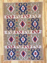 Load image into Gallery viewer, 4x6 Vintage Western Anatolian Turkish Kilim Area Rug | Repeating Tribal Symbols Soft Colors Symmetrical Geometric Design | SKU 598
