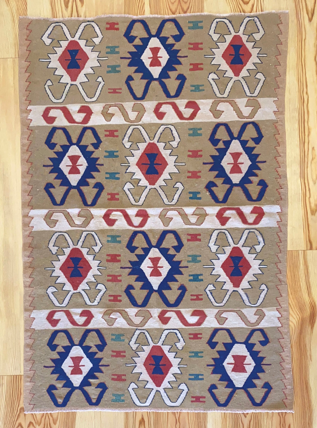 4x6 Vintage Western Anatolian Turkish Kilim Area Rug | Repeating Tribal Symbols Soft Colors Symmetrical Geometric Design | SKU 598