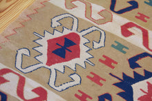 Load image into Gallery viewer, 4x6 Vintage Western Anatolian Turkish Kilim Area Rug | Repeating Tribal Symbols Soft Colors Symmetrical Geometric Design | SKU 598
