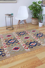 Load image into Gallery viewer, 4x6 Vintage Western Anatolian Turkish Kilim Area Rug | Repeating Tribal Symbols Soft Colors Symmetrical Geometric Design | SKU 598
