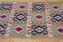 Load image into Gallery viewer, 4x6 Vintage Western Anatolian Turkish Kilim Area Rug | Repeating Tribal Symbols Soft Colors Symmetrical Geometric Design | SKU 598
