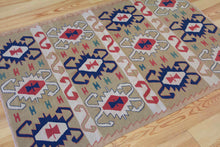 Load image into Gallery viewer, 4x6 Vintage Western Anatolian Turkish Kilim Area Rug | Repeating Tribal Symbols Soft Colors Symmetrical Geometric Design | SKU 598
