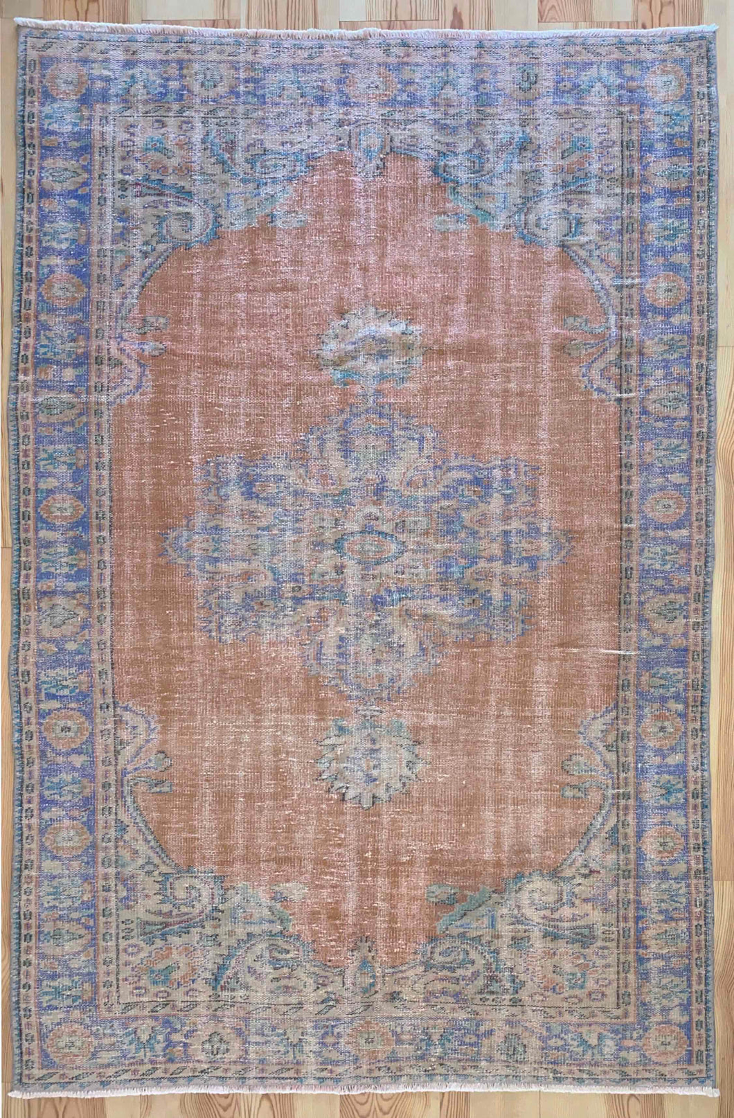 6x9 Vintage Central Anatolian Oushak Style Turkish Area Rug Bold Medallion Muted Colors Spacious Field Ornate Corners | SKU 600