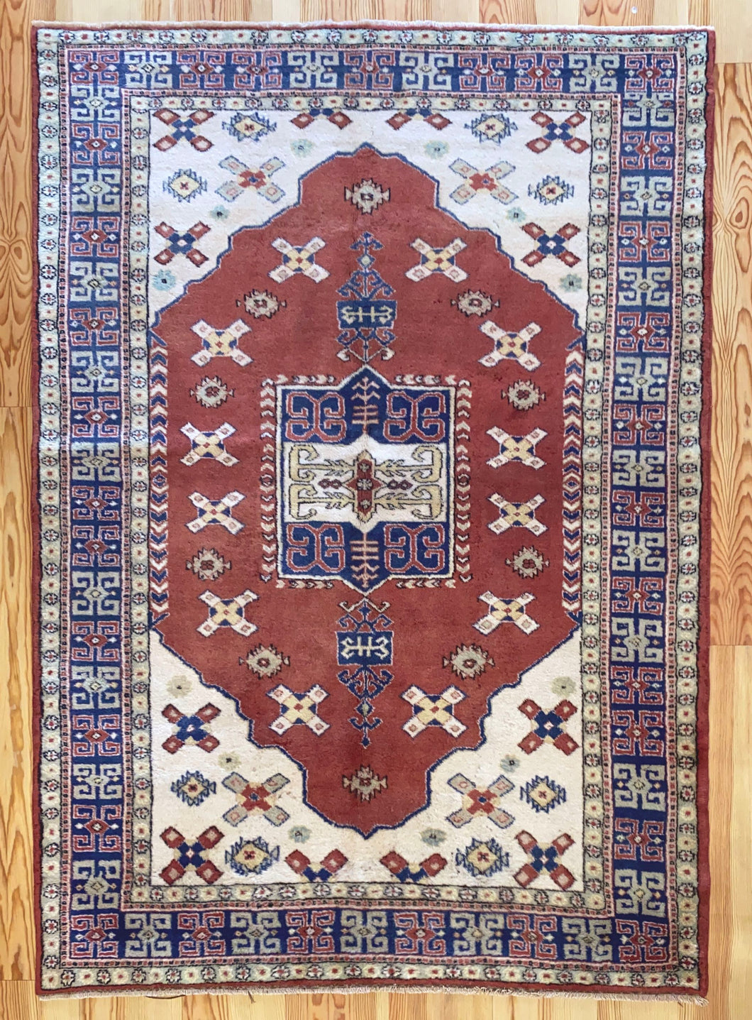 6x8 Vintage Western Anatolian 'Kula' Turkish Area Rug Square Medallion Earthy Colors Stylized Motifs Light Field Geometric Border | SKU 603