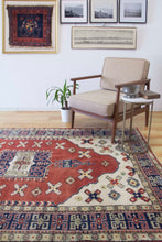 Load image into Gallery viewer, 6x8 Vintage Western Anatolian &#39;Kula&#39; Turkish Area Rug Square Medallion Earthy Colors Stylized Motifs Light Field Geometric Border | SKU 603
