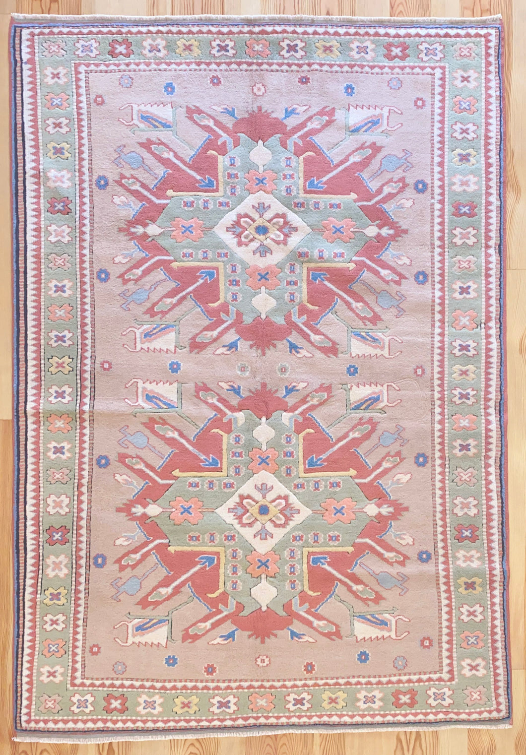 6x8 Vintage Central Anatolian 'Aksaray' Turkish Area Rug 'Adler' Caucasus Design Two Bold Medallions Light Field Geometric Border | SKU 604