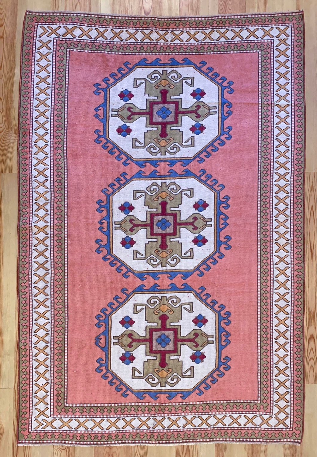 6x9 Vintage Central Anatolian 'Sultanhan' Turkish Area Rug | Triple Medallion Spacious Field Geometric Border Muted Colors | SKU 606