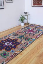 Load image into Gallery viewer, 3x14 Vintage South Eastern Anatolian &#39;Herki&#39; Turkish Runner | Geometric Multiple Colorful Medallion Design Vibrant Colors Muted Field Stylized Border | SKU 610
