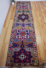 Load image into Gallery viewer, 3x14 Vintage South Eastern Anatolian &#39;Herki&#39; Turkish Runner | Geometric Multiple Colorful Medallion Design Vibrant Colors Muted Field Stylized Border | SKU 610
