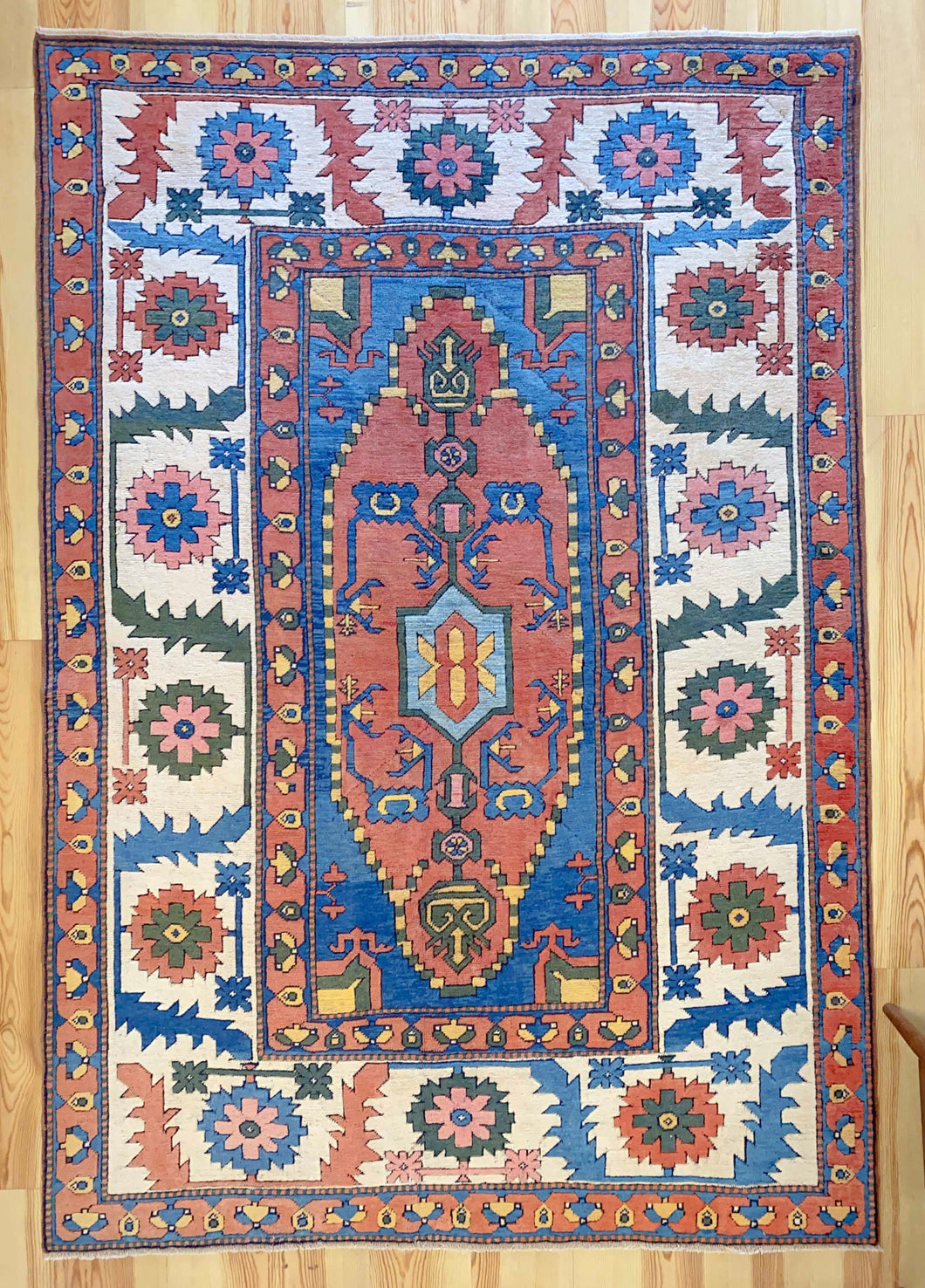 7x10 Vintage Central Anatolian 'Aksaray' Turkish Area Rug | Bold Double Niche Medallion Geometric Design Stylized Field Wide Floral Border | SKU 613