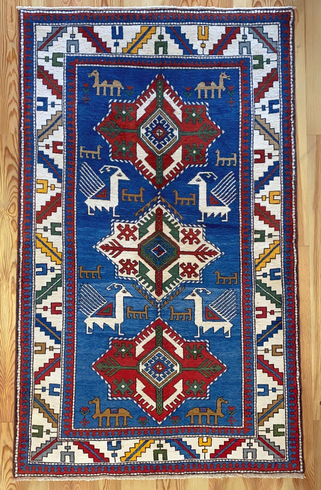 4x7 Vintage Central Anatolian Caucasian Akstafa Design 'Aksaray' Turkish Area Rug | Triple Star Medallion Geometric Colorful Design Spacious Field Bird Motifs Geometric Border | SKU 617