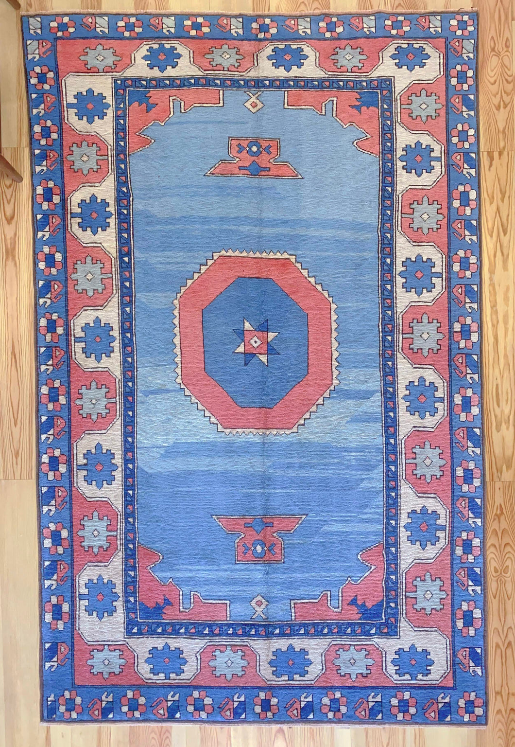 6x10 Vintage Central Anatolian 'Aksaray' Turkish Area Rug | Geometric Medallion Spacious Blue Field Geometric Border | SKU 619