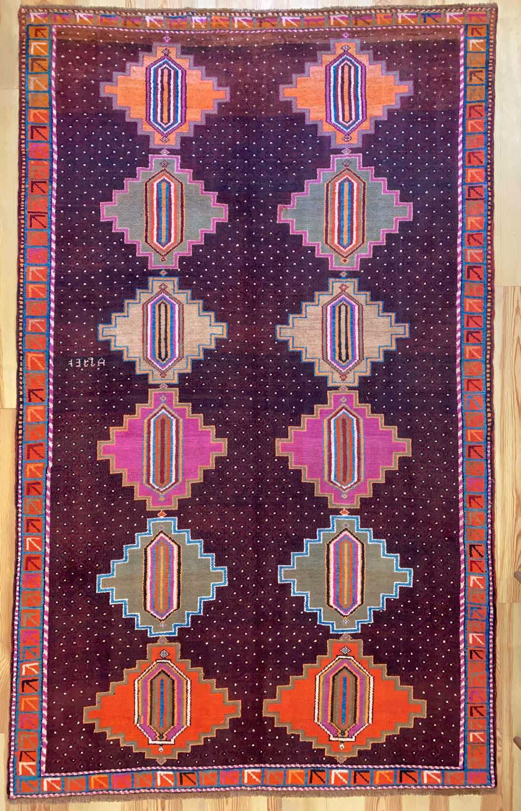 7x11 Vintage Eastern Anatolian 'Kars' Turkish Area Rug | Symmetrical Diamond Medallions Earthy Field Vibrant Border | SKU 620