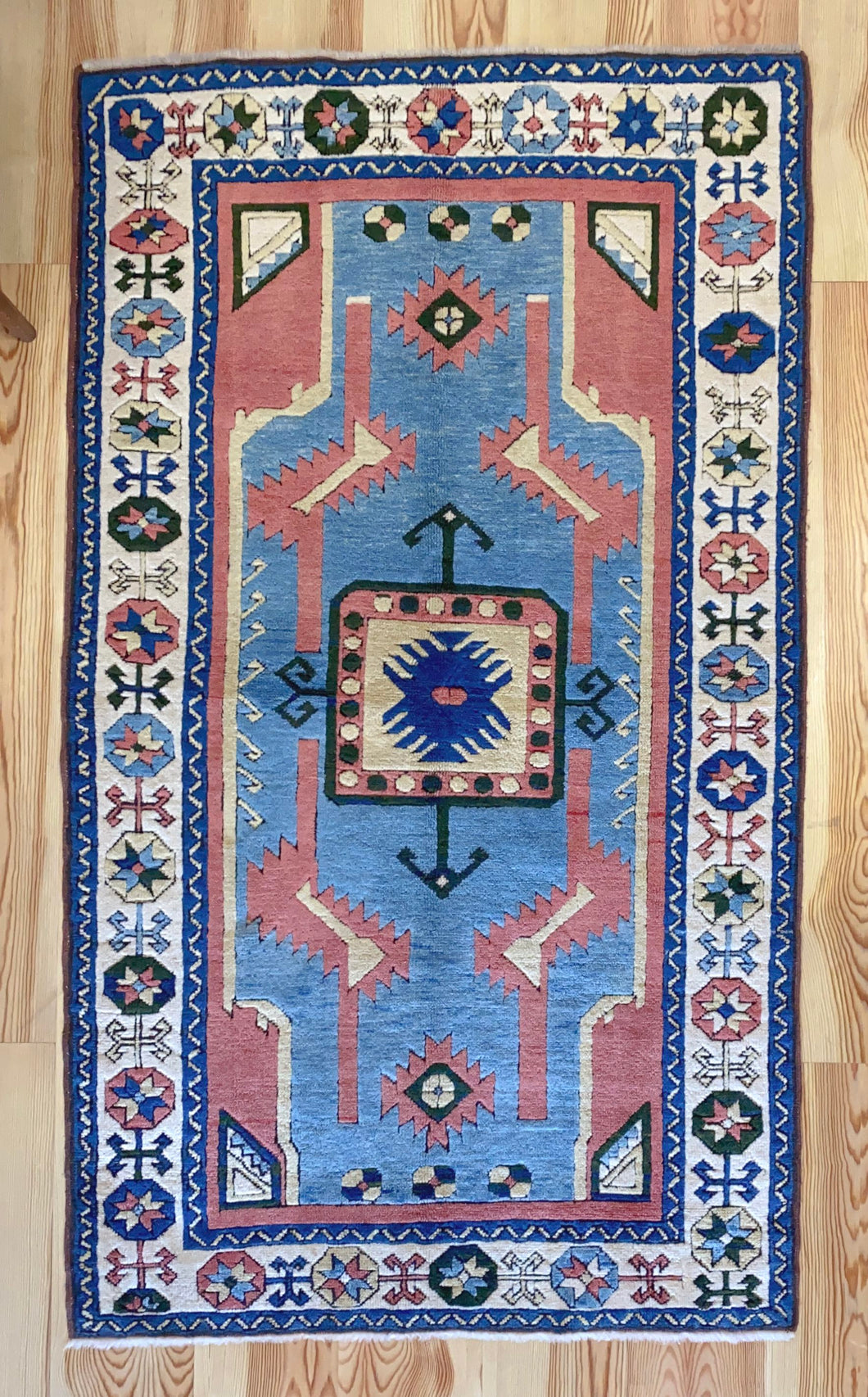 4x7 Vintage Central Anatolian Caucasian 'Kasim Usagi' Design 'Sultanhan' Turkish Area Rug | Geometric Medallion Soft Colors Stylized Motifs | SKU 621