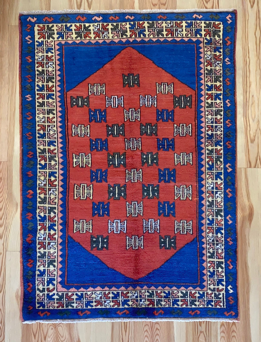4x6 Vintage Central Anatolian 'Taspinar' Turkish Area Rug | Double Nieche with Symmetrical Geometric Motifs on Blue Field Stylized Border | SKU 623
