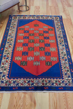 Load image into Gallery viewer, 4x6 Vintage Central Anatolian &#39;Taspinar&#39; Turkish Area Rug | Double Nieche with Symmetrical Geometric Motifs on Blue Field Stylized Border | SKU 623
