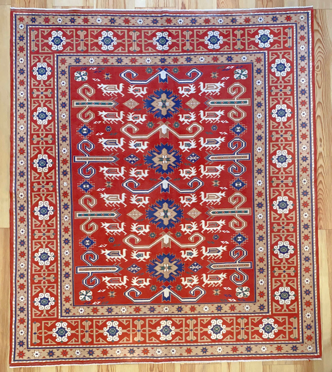 6x7 Vintage Central Anatolian Caucasian 'Perpedil' Design 'York' Turkish Area Rug | Symmetrical Stylized Motifs Vibrant Colors Geometric Border | SKU 624