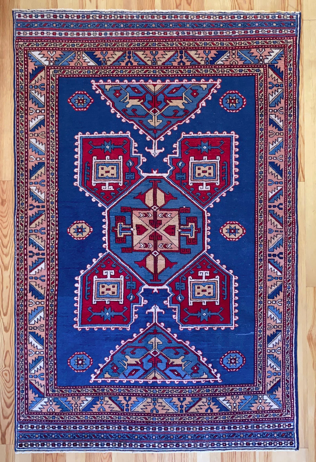 5x8 Vintage Central Anatolian 'Taspinar' Turkish Area Rug | Geometric Design Blue Field Stylized Motifs | SKU 627