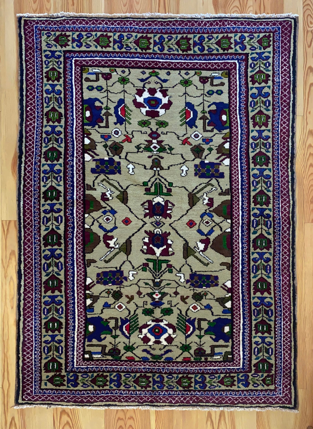 5x6 Vintage Central Anatolian 'Taspinar' Turkish Area Rug | Symmetrical Floral Design with Palmettes Bold Colors Geometric Border | SKU 628