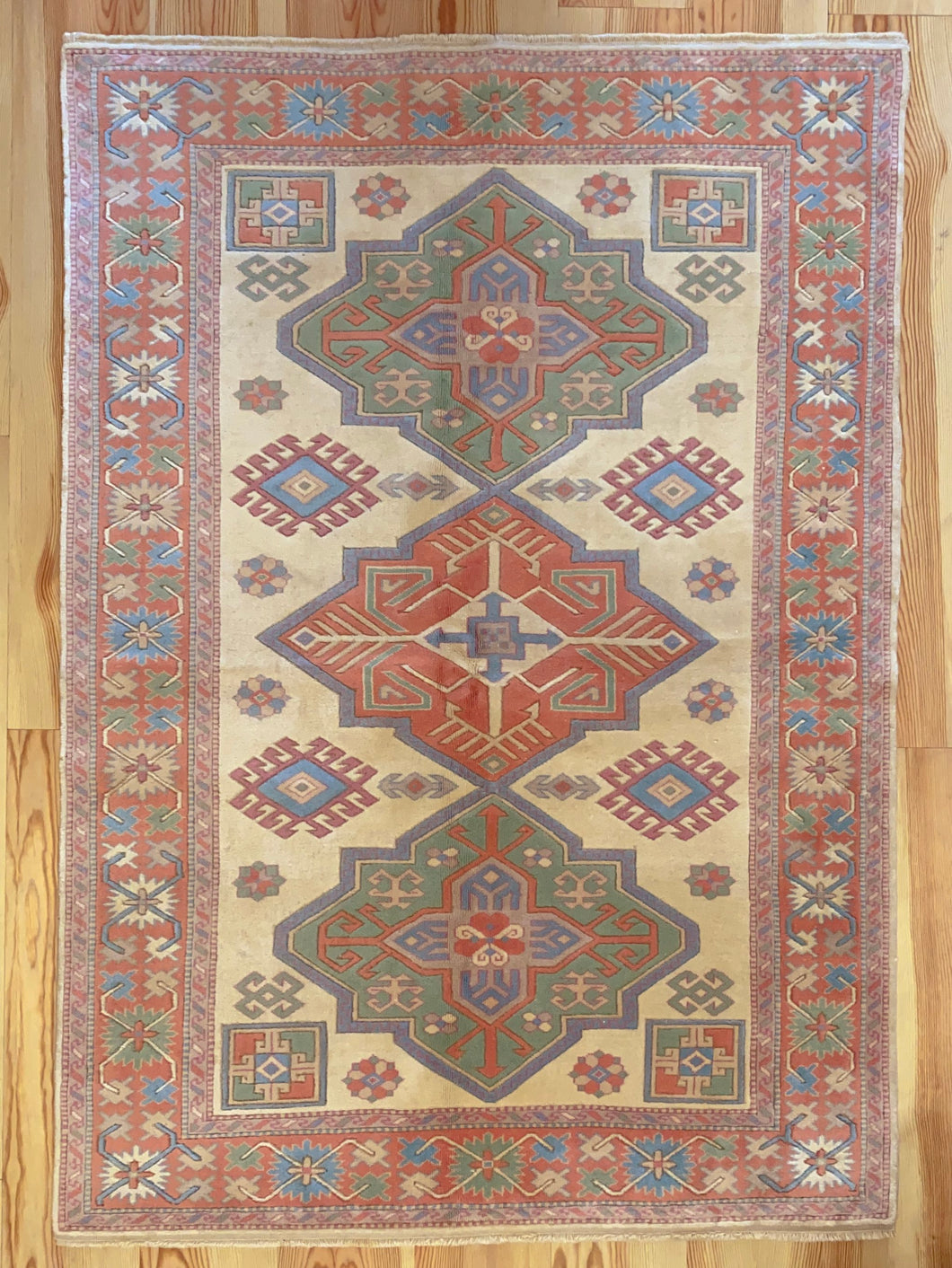 5x7 Vintage Western Anatolian Turkish Area Rug | Triple Diamond Medallion Geometric Design Soft Colors Stylized Border | SKU 633
