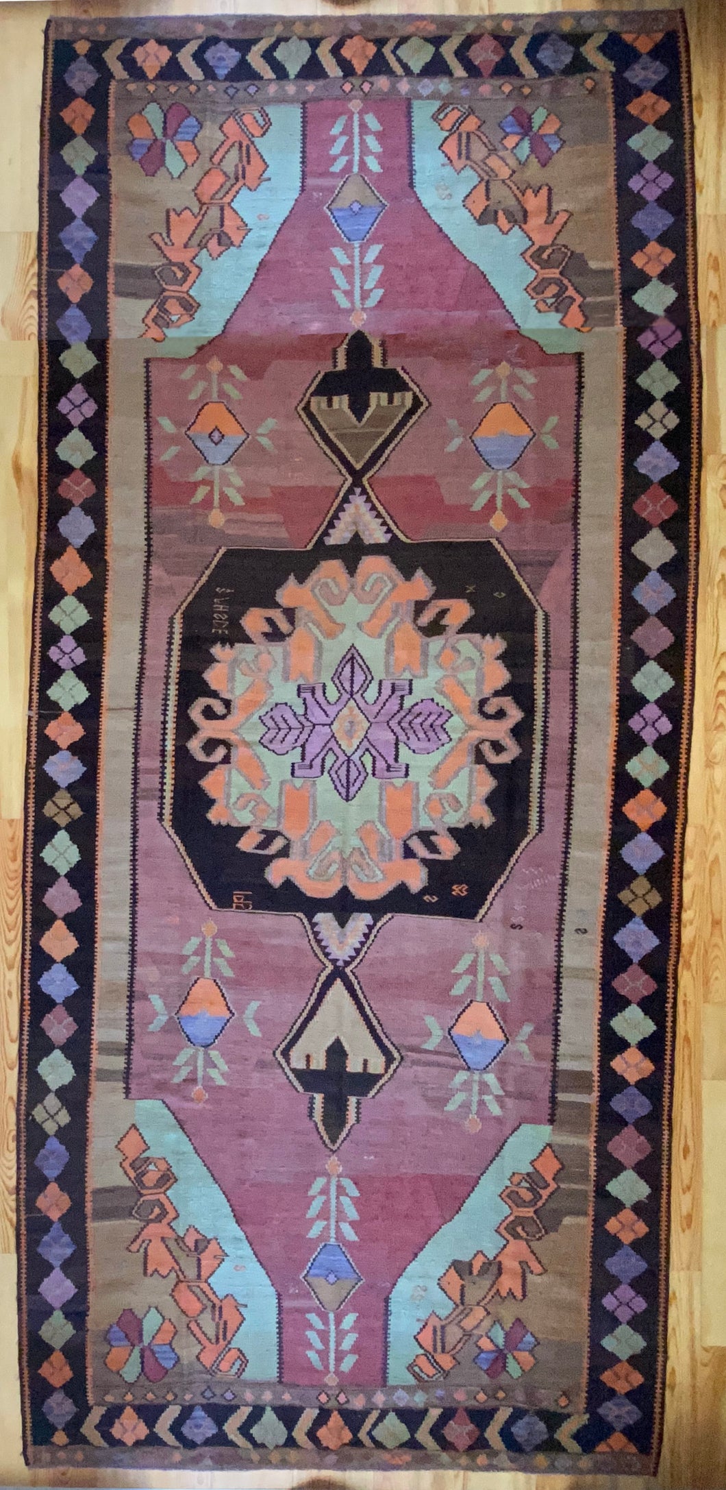 7x15 Vintage Eastern Anatolian 'Kars' Oversized Turkish Kilim Area Rug | Bold Medallion with Spacious Field Symmetrical Large Motifs Soft Colors Geometric Border | SKU 637