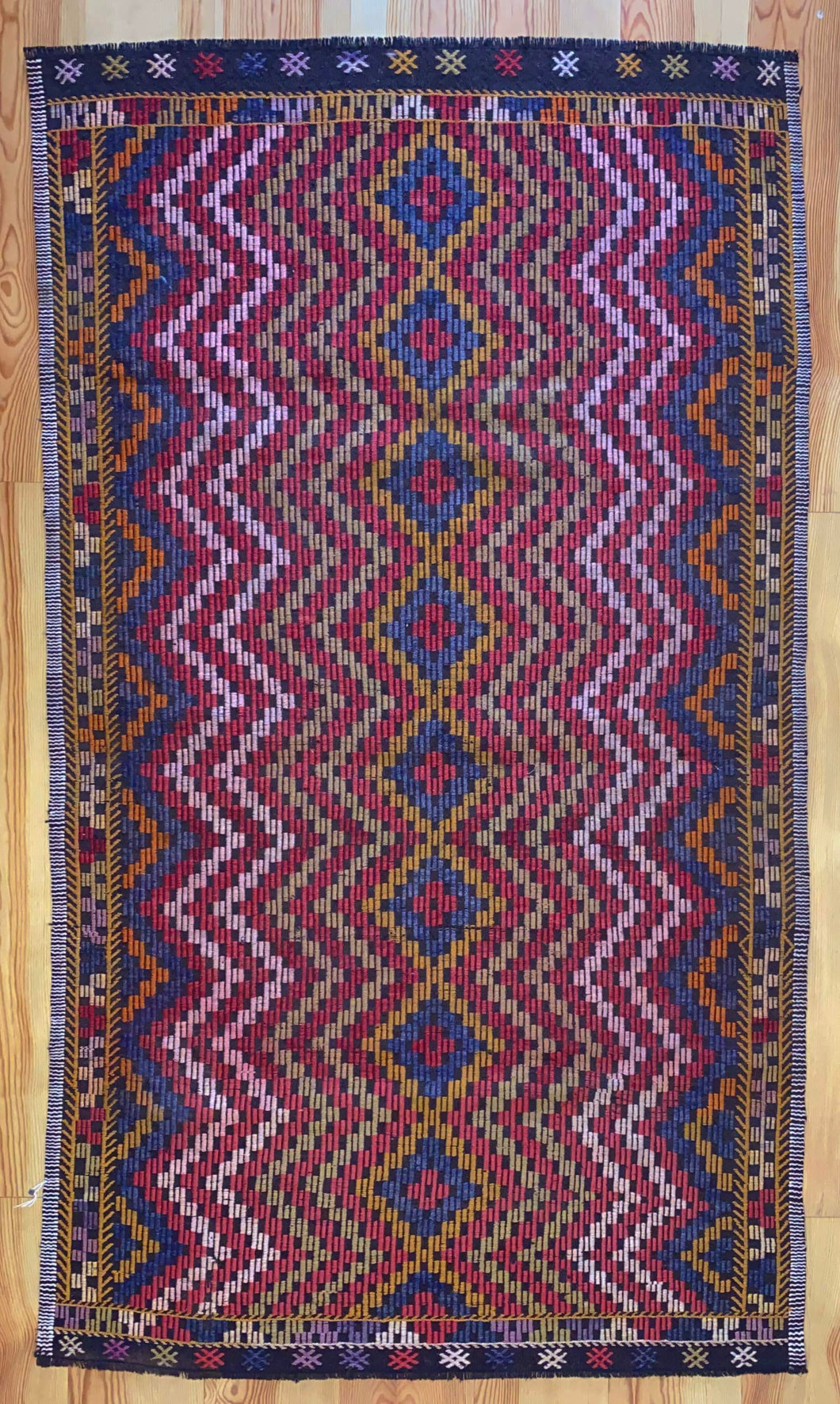 5x9 Vintage Southern Anatolian Turkish Kilim Area Rug | Symmetrical Staggered Design with Diamond Shapes in the Middle Bold Colors | SKU 639