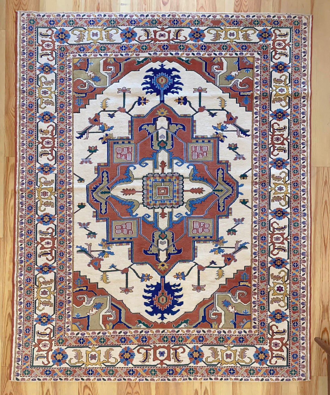 7x8 Vintage Central Anatolian 'Serapi' Design 'Yoruk' Turkish Area Rug | Bold Medallion on Light Field Palmette and Vine Ornaments Floral Border | SKU 642