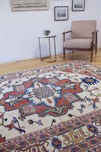 Load image into Gallery viewer, 7x8 Vintage Central Anatolian &#39;Serapi&#39; Design &#39;Yoruk&#39; Turkish Area Rug | Bold Medallion on Light Field Palmette and Vine Ornaments Floral Border | SKU 642
