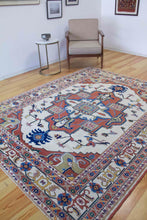 Load image into Gallery viewer, 7x8 Vintage Central Anatolian &#39;Serapi&#39; Design &#39;Yoruk&#39; Turkish Area Rug | Bold Medallion on Light Field Palmette and Vine Ornaments Floral Border | SKU 642
