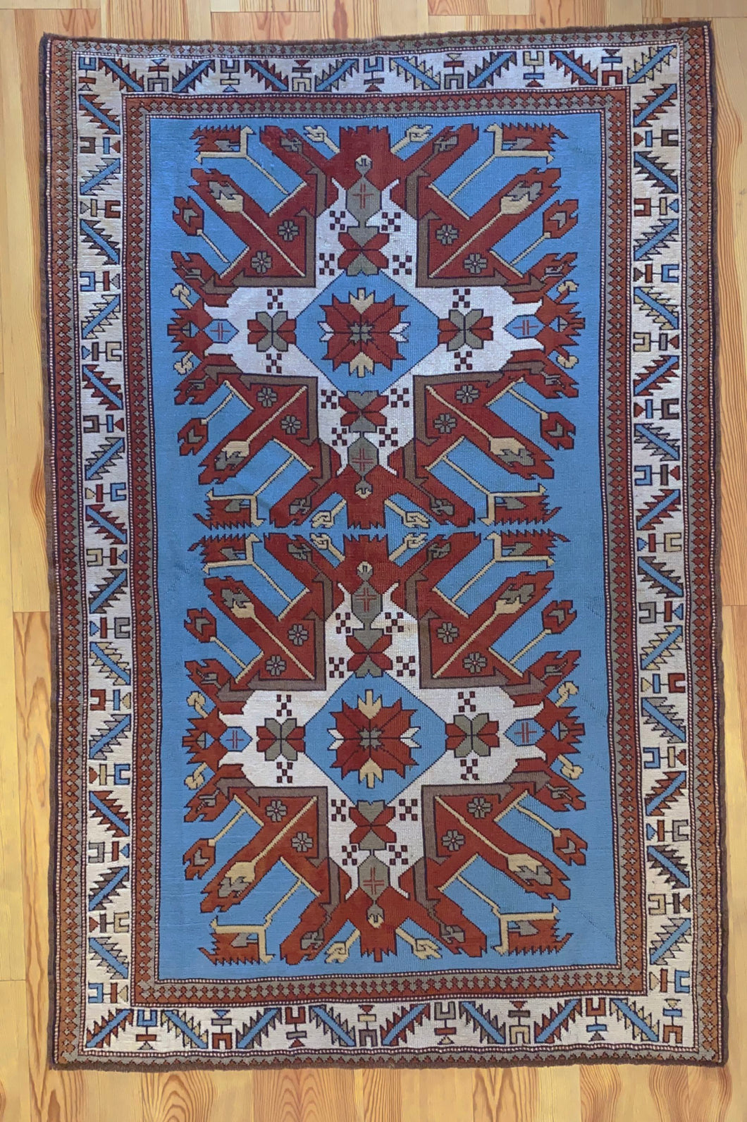 5x8 Vintage Eastern Anatolian Caucasian 'Adler' Design 'Kars' Turkish Area Rug | Double 'Eagle' Medallion on Spacious Blue Field Geometric Border | SKU 643