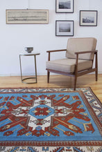 Load image into Gallery viewer, 5x8 Vintage Eastern Anatolian Caucasian &#39;Adler&#39; Design &#39;Kars&#39; Turkish Area Rug | Double &#39;Eagle&#39; Medallion on Spacious Blue Field Geometric Border | SKU 643
