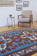 Load image into Gallery viewer, 5x8 Vintage Eastern Anatolian Caucasian &#39;Adler&#39; Design &#39;Kars&#39; Turkish Area Rug | Double &#39;Eagle&#39; Medallion on Spacious Blue Field Geometric Border | SKU 643
