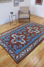Load image into Gallery viewer, 5x8 Vintage Eastern Anatolian Caucasian &#39;Adler&#39; Design &#39;Kars&#39; Turkish Area Rug | Double &#39;Eagle&#39; Medallion on Spacious Blue Field Geometric Border | SKU 643
