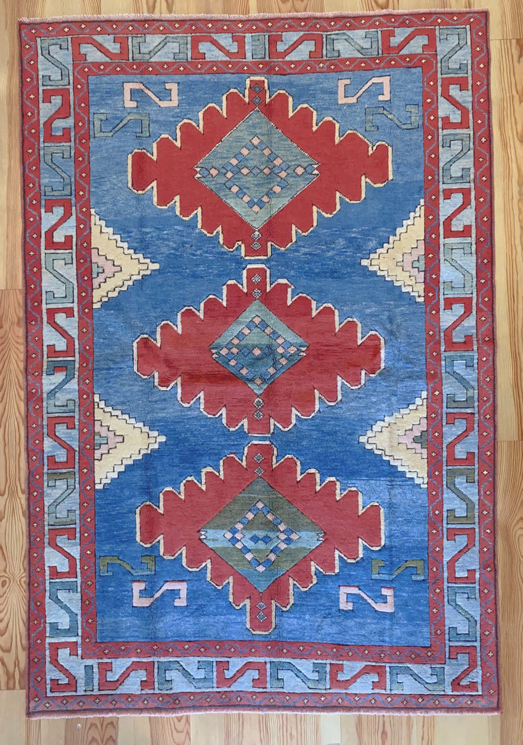 5x8 Vintage Central Anatolian 'Aksaray' Turkish Area Rug | Triple Medallion on Blue Field Geometric Border | SKU 644