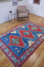 Load image into Gallery viewer, 5x8 Vintage Central Anatolian &#39;Aksaray&#39; Turkish Area Rug | Triple Medallion on Blue Field Geometric Border | SKU 644

