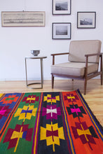 Load image into Gallery viewer, 5x7 Vintage Turkish Kilim Area Rug | Symmetrical Geometric Symbols Colorful Design | SKU 654
