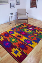 Load image into Gallery viewer, 5x7 Vintage Turkish Kilim Area Rug | Symmetrical Geometric Symbols Colorful Design | SKU 654
