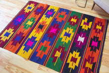 Load image into Gallery viewer, 5x7 Vintage Turkish Kilim Area Rug | Symmetrical Geometric Symbols Colorful Design | SKU 654
