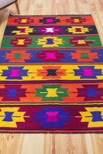 Load image into Gallery viewer, 5x7 Vintage Turkish Kilim Area Rug | Symmetrical Geometric Symbols Colorful Design | SKU 654
