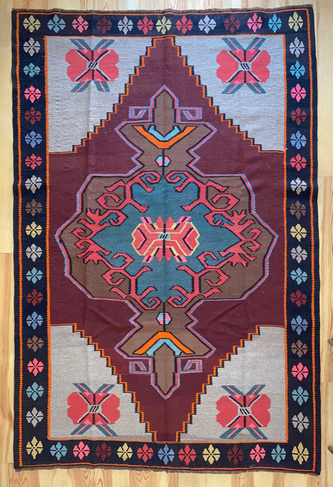 7x10 Vintage Eastern Anatolian 'Kars' Turkish Kilim Area Rug | Bold Traditional Medallion Flower Designs on Corners Stylized Border Earthy Colors | SKU 656