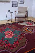 Load image into Gallery viewer, 7x10 Vintage Eastern Anatolian &#39;Kars&#39; Turkish Kilim Area Rug | Bold Traditional Medallion Flower Designs on Corners Stylized Border Earthy Colors | SKU 656
