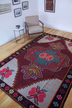 Load image into Gallery viewer, 7x10 Vintage Eastern Anatolian &#39;Kars&#39; Turkish Kilim Area Rug | Bold Traditional Medallion Flower Designs on Corners Stylized Border Earthy Colors | SKU 656
