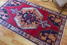 Load image into Gallery viewer, 4x8 Vintage Central Anatolian &#39;Nigde&#39; Turkish Area Rug | Bold Medallion on Red Field Stylized Corner Design Geometric Border Vibrant Colors | SKU 657
